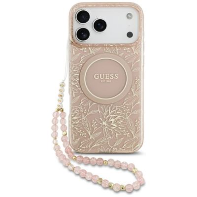 Guess IML Flowers Electro Pearl Strap MagSafe Case for iPhone 17 Pro Max - Pink