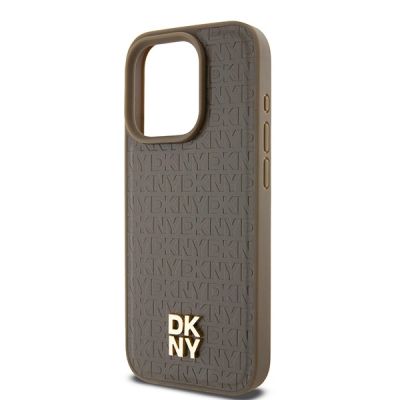 9. DKNY Leather Pattern Metal Logo MagSafe Case for iPhone 14 Pro Max - Brown