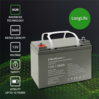 2. Qoltec AGM Battery | 12V | 36Ah | Maintenance-free | Efficient | LongLife | for UPS, scooter