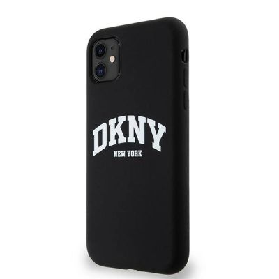 7. DKNY Liquid Silicone White Printed Logo MagSafe Case for iPhone 11/Xr - Black