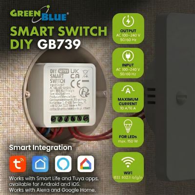 3. GREENBLUE WIFI RELAY IN-WALL, ANDROID/IOS/ALEXA/GOOGLE HOME, 100-240V AC, 50/60HZ, MAX.16A, FOR LED 150W GB739