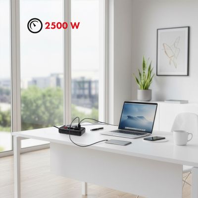 9. MACLEAN POWER STRIP, EXTENSION CORD 4 OUTLETS + 3XUSB, 110-240V AC 50/60HZ, 2.1A MAX 2500W, 1.5M, BLACK MCE392 B