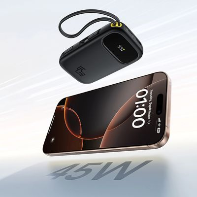 7. Baseus EnerFill FC31 20000mAh 45W Power Bank with Digital Display with 2 Built-in USB-C Cables - Black