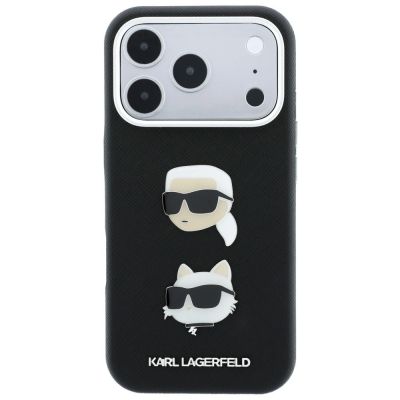 4. Karl Lagerfeld Saffiano Karl&Choupette Heads Pins Strap Logo Case for iPhone 18 Pro / 17 Pro - Black