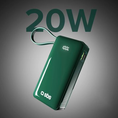 4. Powerbank SBS 10000 mAh 20W with built-in USB-C cable and digital display - green