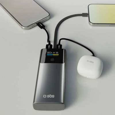9. SBS 10000mAh PD 20W Powerbank with LCD Display and Built-in USB-C Cable - Gray