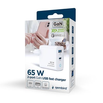 2. GEMBIRD 2-PORT GAN (PD) USB (A+C) FAST WALL CHARGER, 65W, WHITE