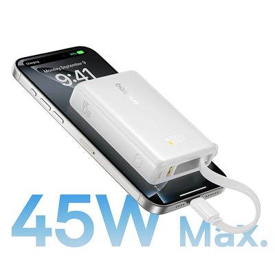 6. Baseus PicoGo 10000mAh 45W Powerbank with Built-in Cable and Display - White