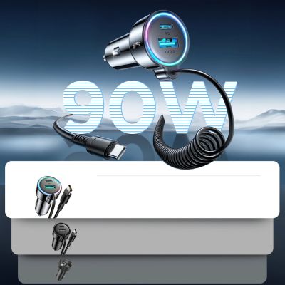 6. Joyroom JR-CL07 72W 3-in-1 Car Charger with 1.6m USB-C Cable – Black