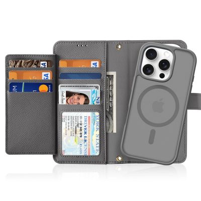 2. Dux Ducis Lawa iPhone 16 Pro Leather Case with Detachable Magnetic Wallet - Gray