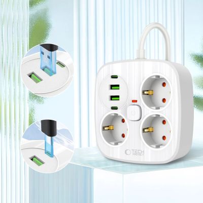 3. Tech-Protect PCS3X4 power strip, 3 sockets, 2xUSB-A, 2xUSB-C 200 cm - white