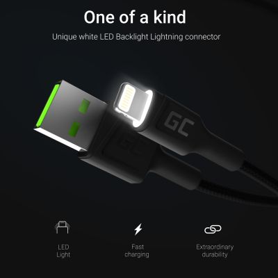 3. GREEN CELL KABGC12 GC RAY USB CABLE - LIGHTNING 200CM, WHITE LED, FAST CHARGING