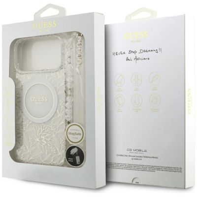 8. Guess IML Flowers Allover Electroplated with Pearl Strap MagSafe Case for iPhone 18 Pro Max / 17 Pro Max - White