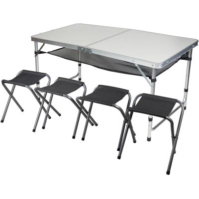 15. FOLDABLE CAMPING TABLE 120x60x70/62/55CM 4 CHAIRS AND SHELF