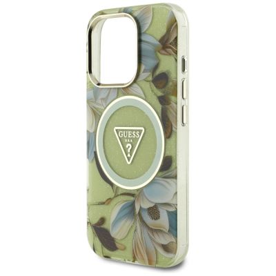 6. Guess Glitter Flowers Triangle Buttons MagSafe case for iPhone 16 Pro Max green