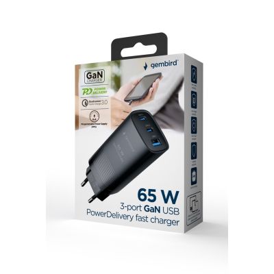5. GEMBIRD FAST USB CHARGER POWER DELIVERY USB TYPE C, 3X USB, 65W, GAN BLACK
