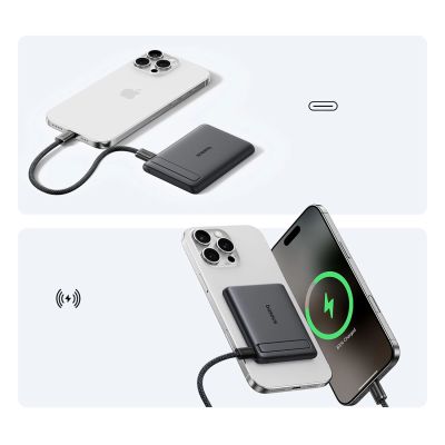 13. Baseus PicoGo AM31 Qi2 5000mAh 20W MagSafe Compatible Power Bank with Stand (with Black Simple Braided USB-C - USB-C 30cm Cable) - Black
