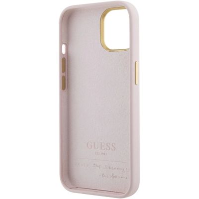 7. Guess Silicone Script Metal Logo & Frame case for iPhone 15 - pink