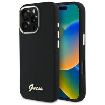 Guess Silicone Script Metal Logo & Frame Case for iPhone 16 Pro Max - Black