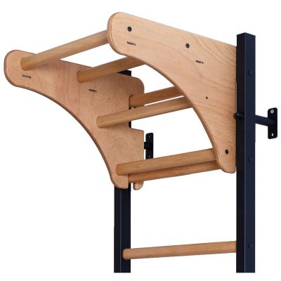 19. GYMNASTIC WOODEN AND METAL WALL BAR WITH 4 HANDLES WITH A WOODEN BAR BENCHK 211B