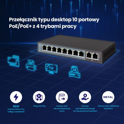 4. Extralink Switch PoE CERES 8x 100Mb/s PoE/PoE+, 2x RJ45 Uplink 100Mb/s, 96W