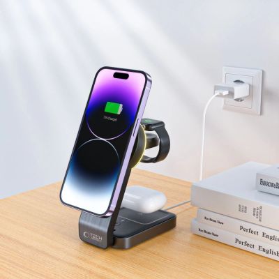7. Tech-Protect QI15W-A28 MagSafe 3in1 Inductive Charger with Smartphone / Apple Watch / AirPods Stand - Black