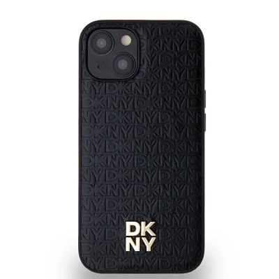 3. DKNY Leather Monogram Pattern Metal Logo MagSafe Case for iPhone 15/14/13 - Black