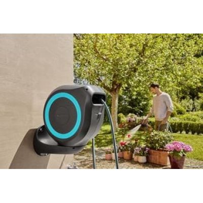 3. Gardena 18610-20 Garden Hose Reel Wall-Mounted Automatic Hose Cart Gray, Turquoise