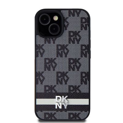 3. DKNY Leather Checkered Mono Pattern & Printed Stripes Case for iPhone 15/14/13 - Black