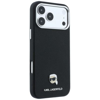 4. Karl Lagerfeld Grained Karl Head Metal MagSafe Case for iPhone 18 Pro Max / 17 Pro Max - Black