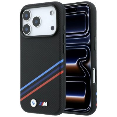 BMW M Quadrille Kevlar Print Tricolor Lines & Metal Logo MagSafe Case for iPhone 18 Pro Max / 17 Pro Max - Black