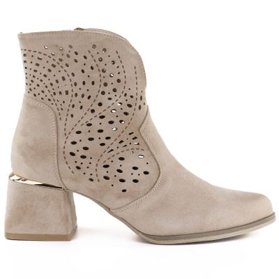2. Women's suede ankle boots with openwork heels, beige, Potocki SZ12757