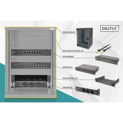 8. 10-inch network kit: 9U wall-mount cabinet, shelf, power strip, 8-port switch, Cat.6 panel, black