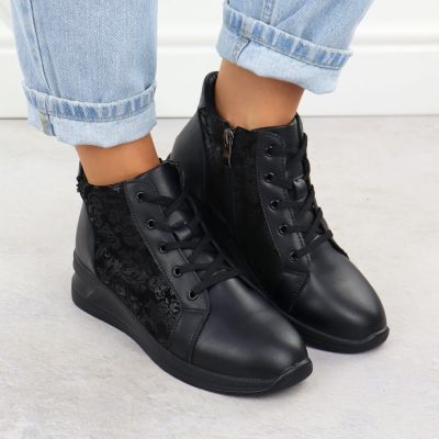 7. Women's leather ankle boots with floral pattern on a wedge heel, black Filippo DBT7280