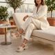 5. Women's leather sandals on a platform with decoration, beige Vinceza 26-79611