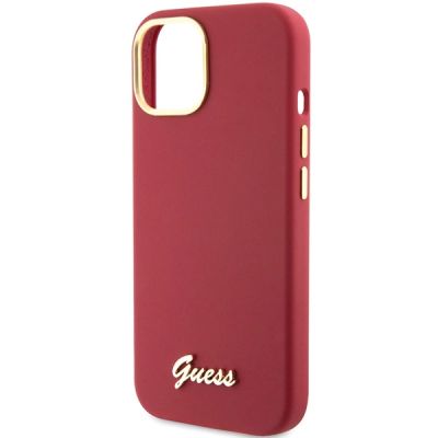 6. Guess Silicone Script Metal Logo & Frame case for iPhone 15 - red