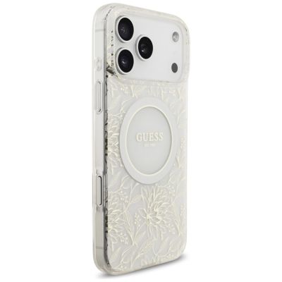 4. Guess IML Flowers Electro Pearl Strap MagSafe Case for iPhone 17 Pro Max - White