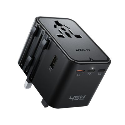 Acefast Z8 GaN 45W Travel Adapter 3x USB-C + 2x USB-A Travel Wall Charger with 2500W AC Socket - Black