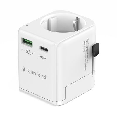 GEMBIRD UNIVERSAL GROUNDED TRAVEL ADAPTER 20W, WHITE