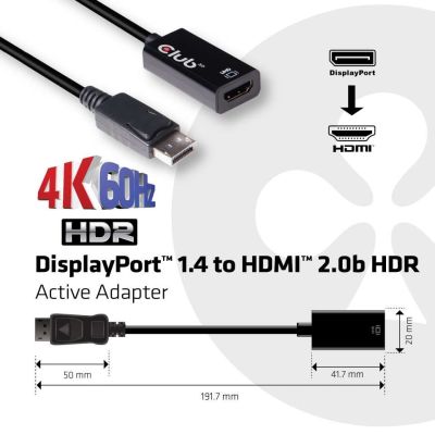 3. CLUB3D DisplayPort 1.4 to HDMI 2.0b HDR Active Adapter