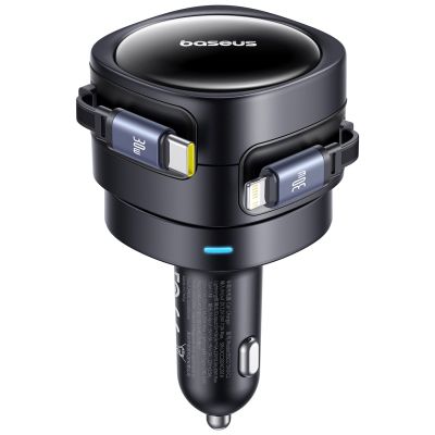 2. Baseus Enjoyment Max 60W Car Charger with Retractable USB-C and Lightning Cables - Black
