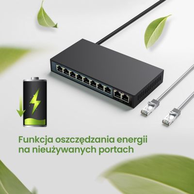 11. Extralink Switch PoE CERES 8x 100Mb/s PoE/PoE+, 2x RJ45 Uplink 100Mb/s, 96W