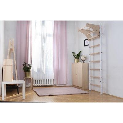 16. GYMNASTIC WOODEN AND METAL WALL BAR WITH 4 HANDLES WITH A WOODEN BAR BENCHK 211W