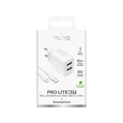 2. Puro PROLITE 10W 2x USB-A wall charger + USB-A - USB-C cable 1.2m - white