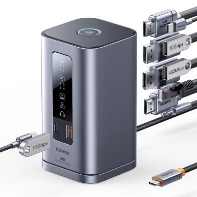 3. Baseus Spacemate RD1 hub 11in1 USB-C docking station - 2xHDMI 4K@60Hz 2xDP 4K@60Hz 2xUSB-A 10Gb/s USB-C 10Gb/s RJ45 USB-A 480Mb/s USB-C PD mini jack 3.5mm EU charger - gray