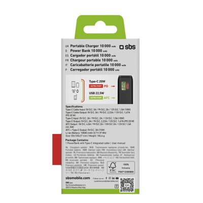 3. Powerbank SBS 20000 mAh 20W with built-in USB-C cable and digital display - black