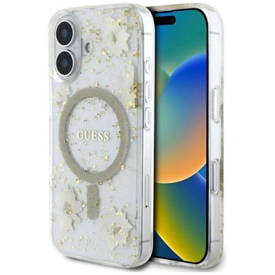 Guess Resin Flowers Glitter MagSafe iPhone 16 Case - Beige