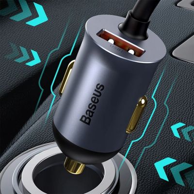 7. Baseus Share Together 120W PPS Car Charger 2xUSB-A 2xUSB-C with Extension Cable - Gray