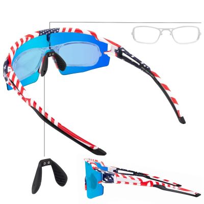 2. Rockbros Polarized Cycling Glasses with UV Protection and Corrective Insert Blue Lenses - USA Pattern - White