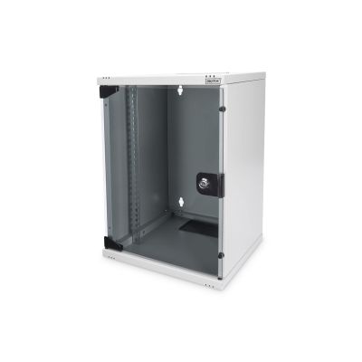 8. Wall-mounted network cabinet 10" 9U rack 312x300, glass door, gray, undivided, assembled, 30kg